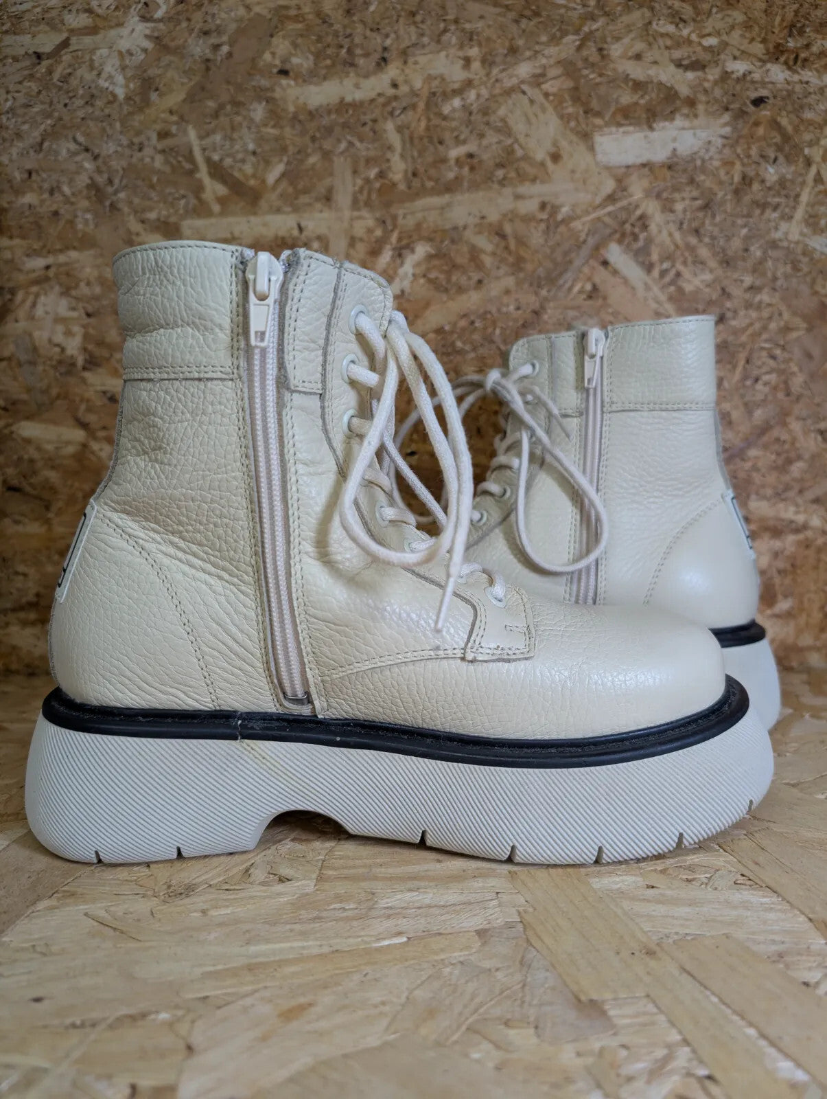 Steve Madden Wanny Ankle Boots Womens UK3 Cream Leather Platform Chunky Lace Zip