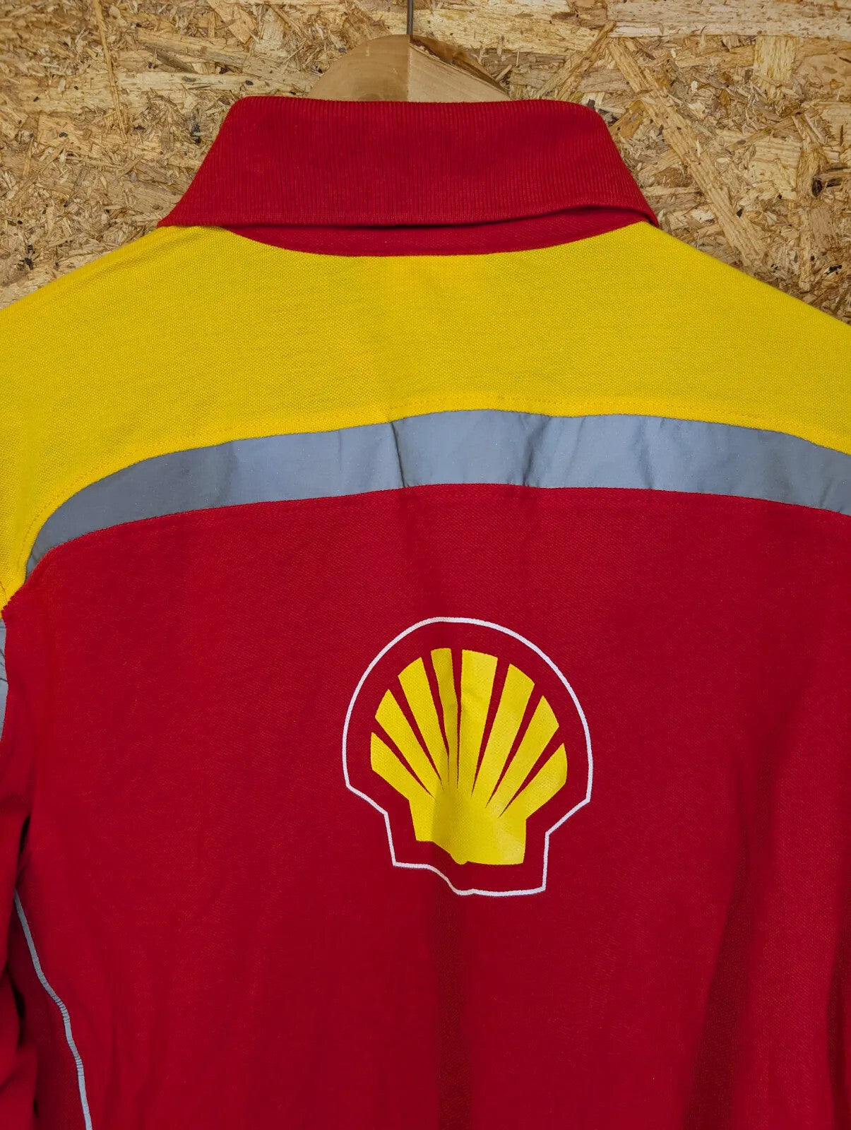 Ferrari Shell Long Sleeve Polo Shirt Mens Medium Red Yellow Cotton Reflective