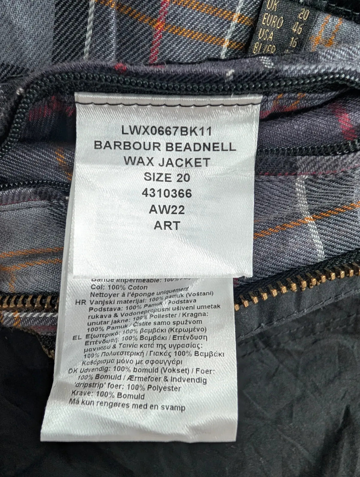 Barbour Beadnell Wax Jacket Womens Size UK 20 Black Cotton Tartan Cord Collar