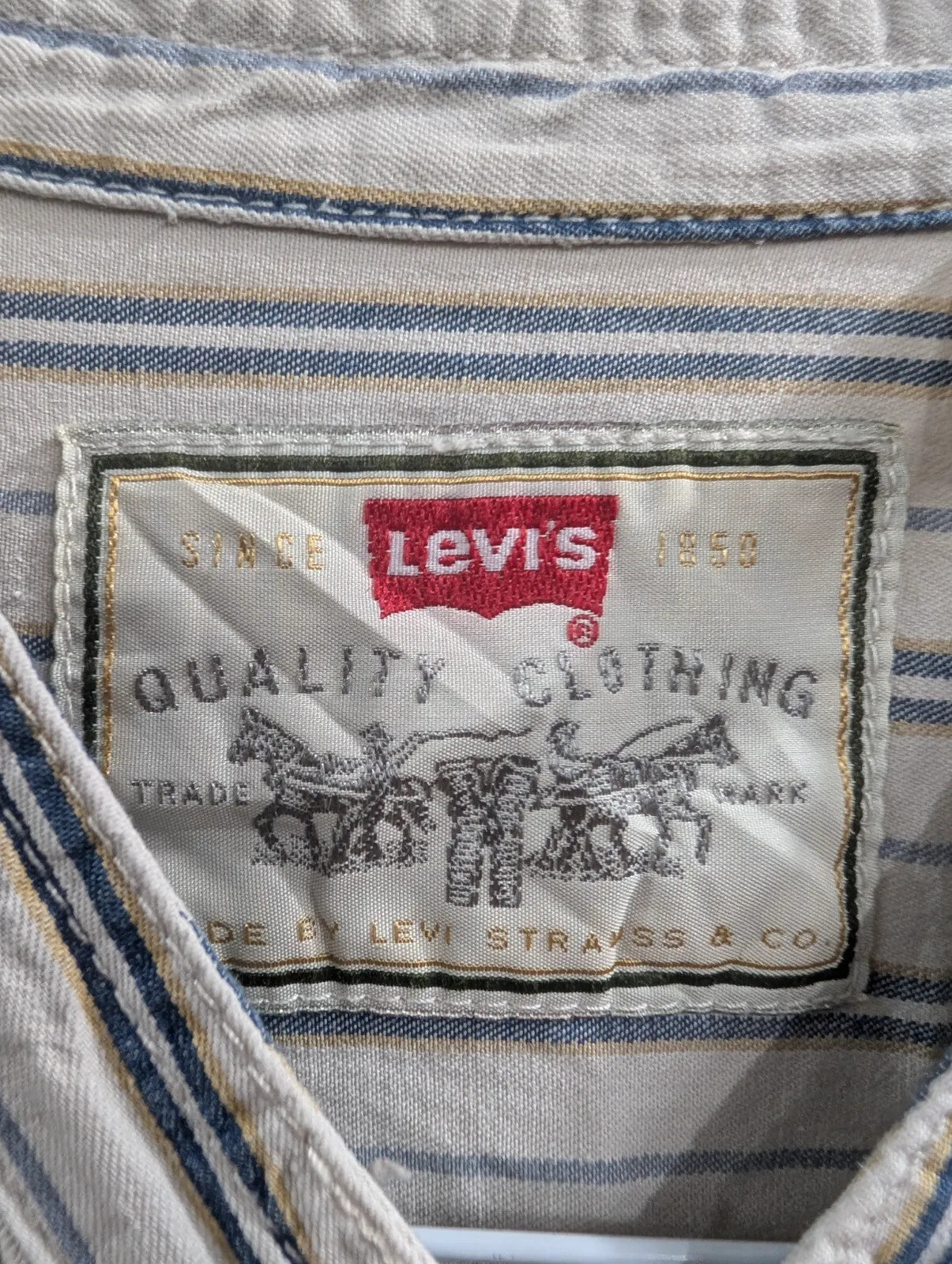 Levis Shirt Mens Large Henley Grandad Collar White Cotton Striped Long Sleeve