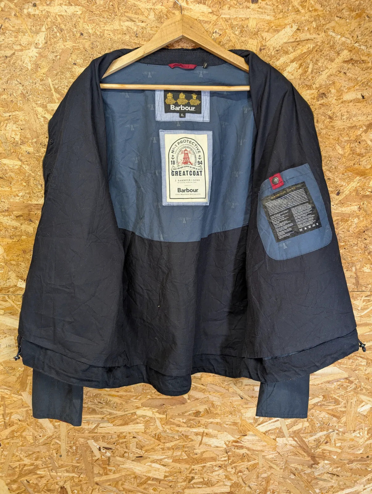 Barbour Deck Wax Jacket Mens XL Navy Blue Cotton Cord Collar Chin Strap South