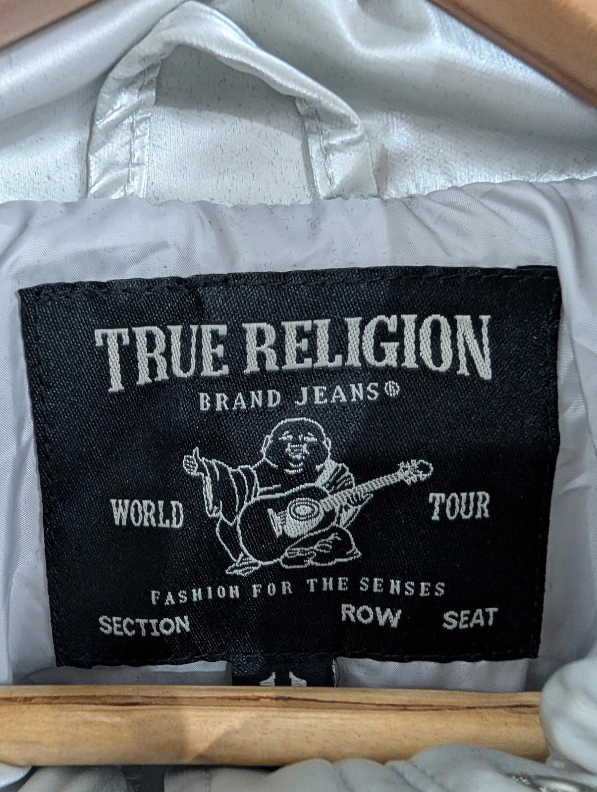 True Religion Puffer Jacket 2XS Women Medium Puffa Quilted Silver White