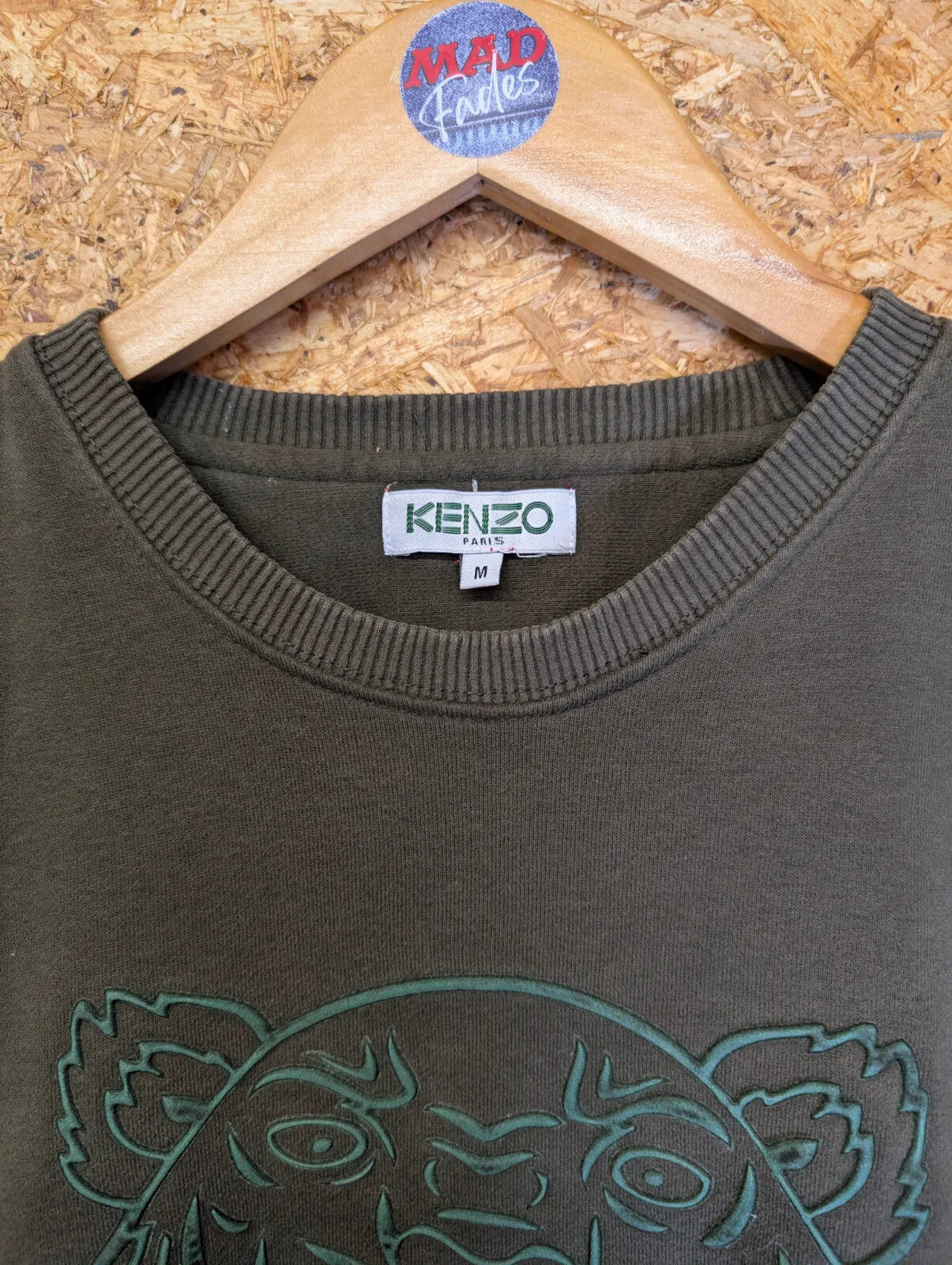 Kenzo Crew Neck Sweatshirt Mens Medium Olive Green Raised Tiger Graphic Logo