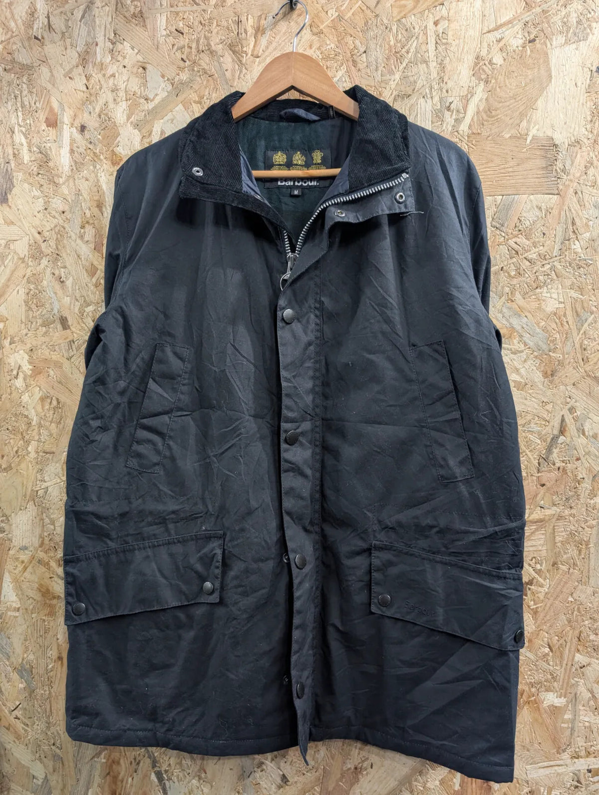 Barbour Gailey Wax Jacket Men Medium Navy Blue Waxed Cotton Padded Cord Collar