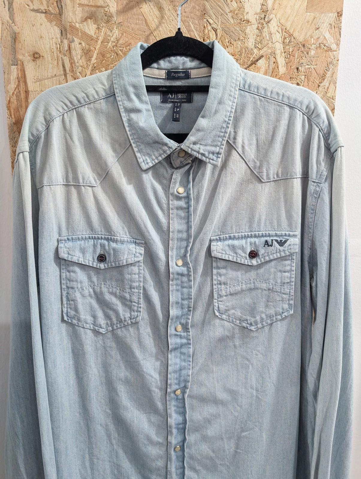 Armani Jeans Shirt Men XL Regular Cotton Button-Up Light Blue Denim Logo Vintage