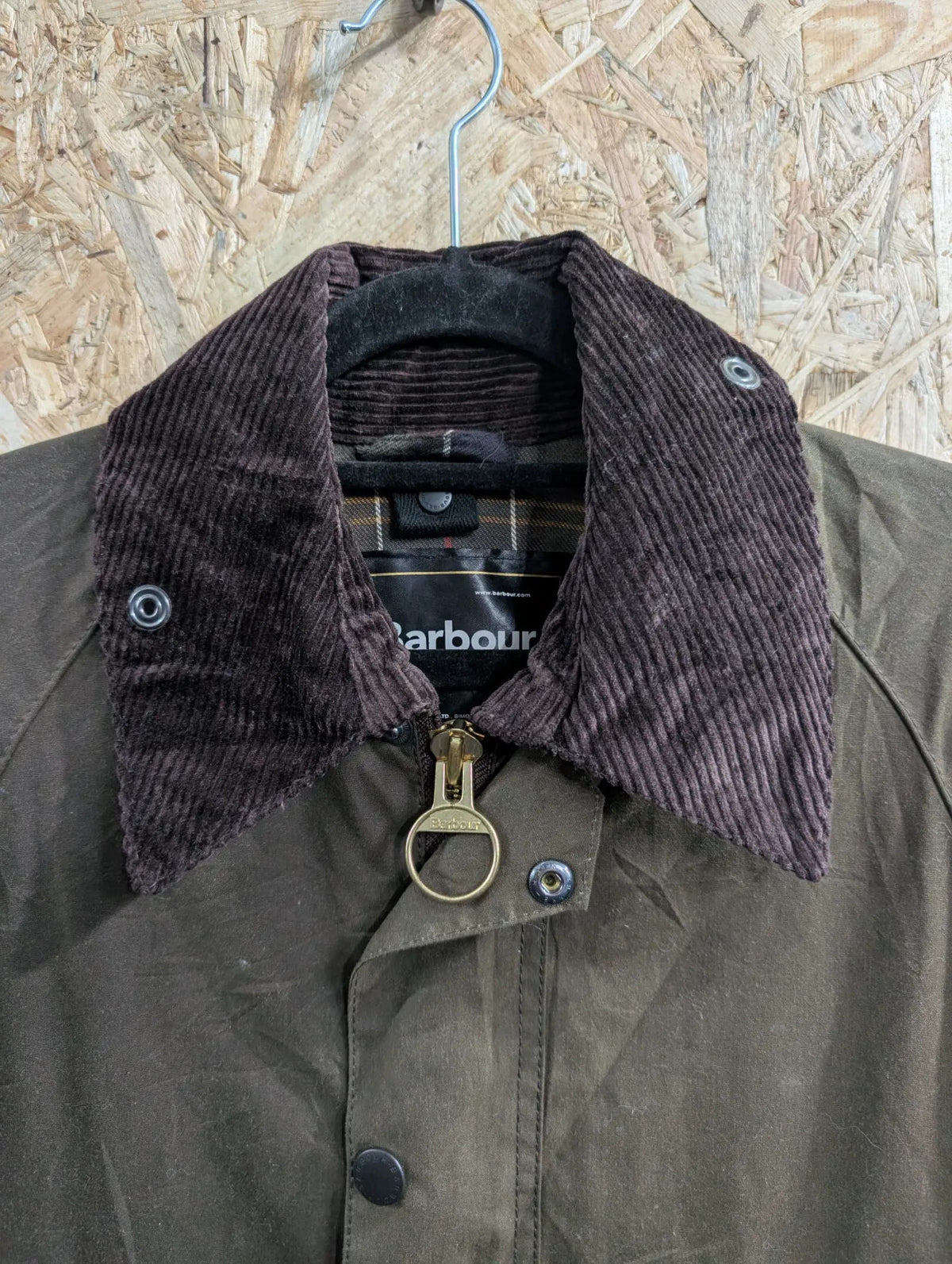 Barbour Classic Bedale Wax Jacket Mens Small Olive Green Cotton Cord Collar