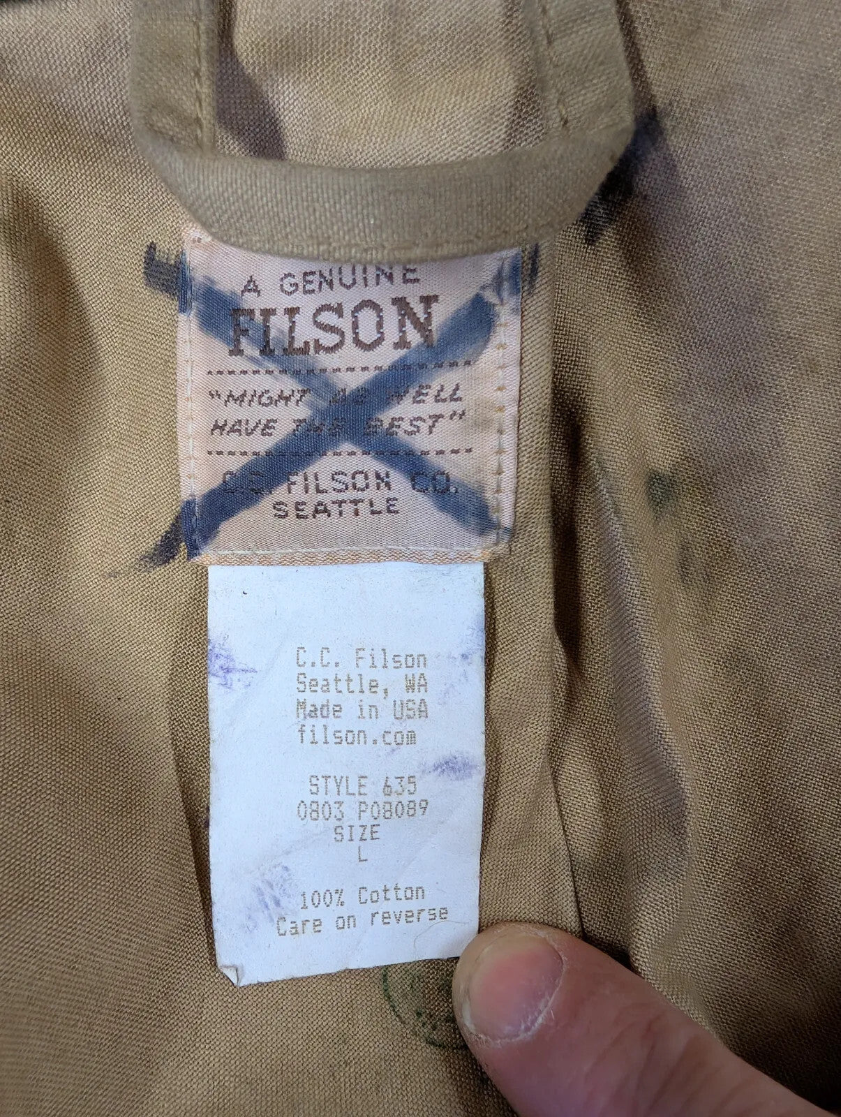 Filson Tin Cloth Waterfowl Upland Coat Mens Large Duck Brown USA Style 635 Wool
