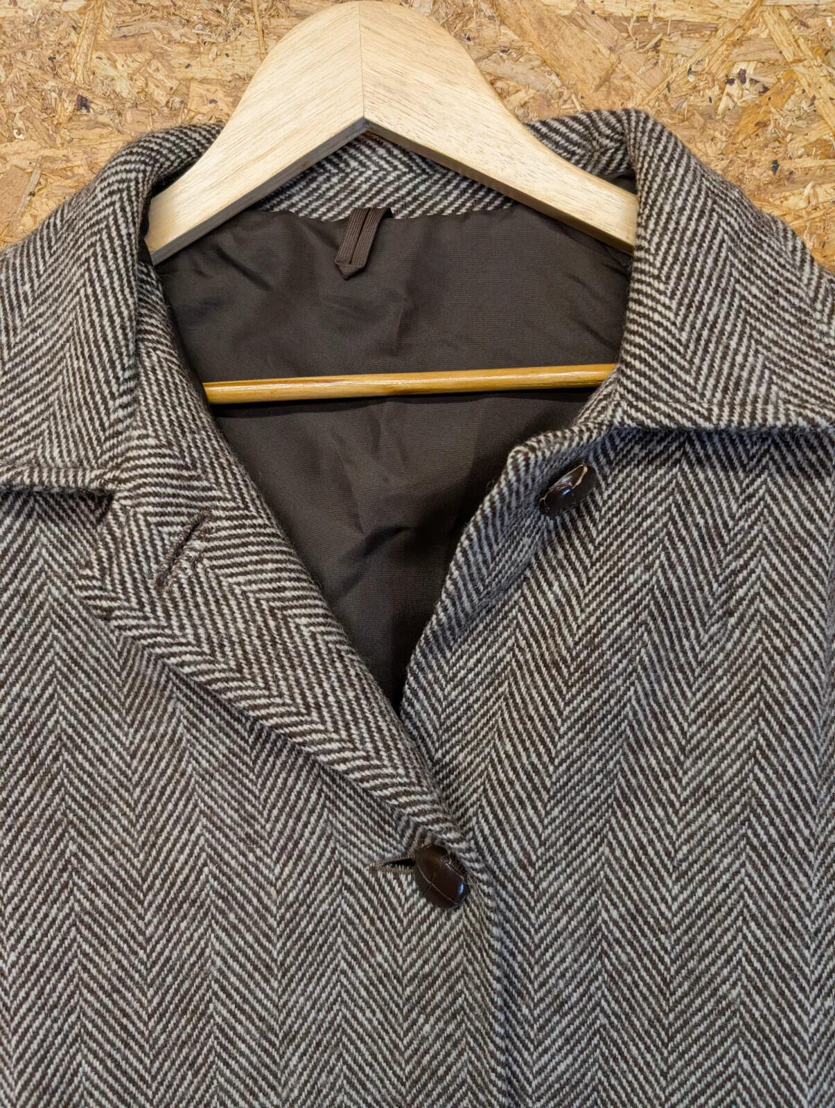 Cambrian Long Coat Womens UK 16 Brown Wool Herringbone Button Up Classic Wales