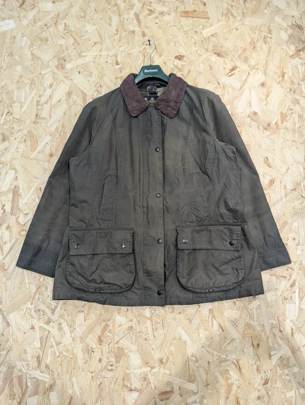 Barbour Beadnell Wax Jacket Womens UK16 Green Cotton Tartan Lining Cord Collar