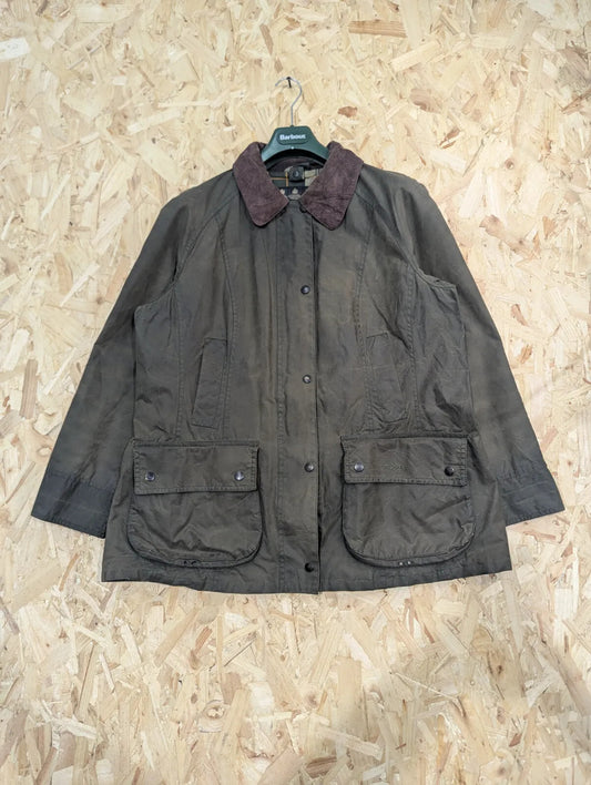 Barbour Beadnell Wax Jacket Womens UK16 Green Cotton Tartan Lining Cord Collar