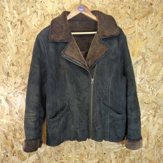 Lakeland Black Brown Shearling Sheepskin Leather Aviator Flying Jacket Size 14