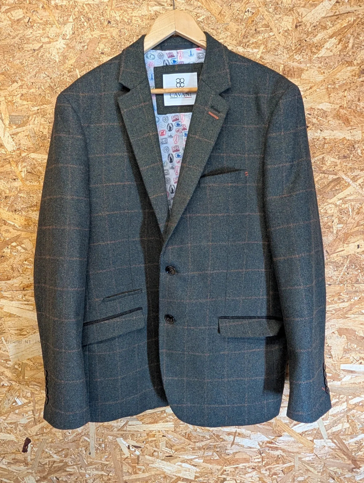Cavani Tweed Blazer Mens UK XXL 46 Green Wool Checked Jacket Derby Button Up