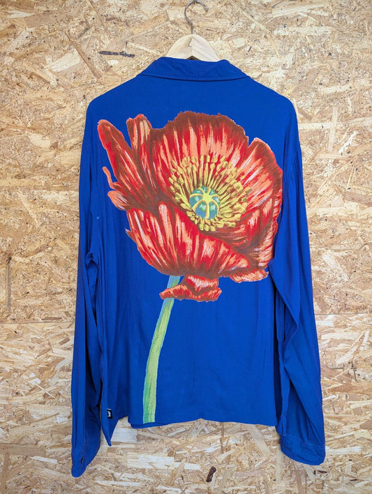 Stussy Button-Up Shirt XL Floral Graphic Blue Rayon Mens Skate Y2K Long Sleeve