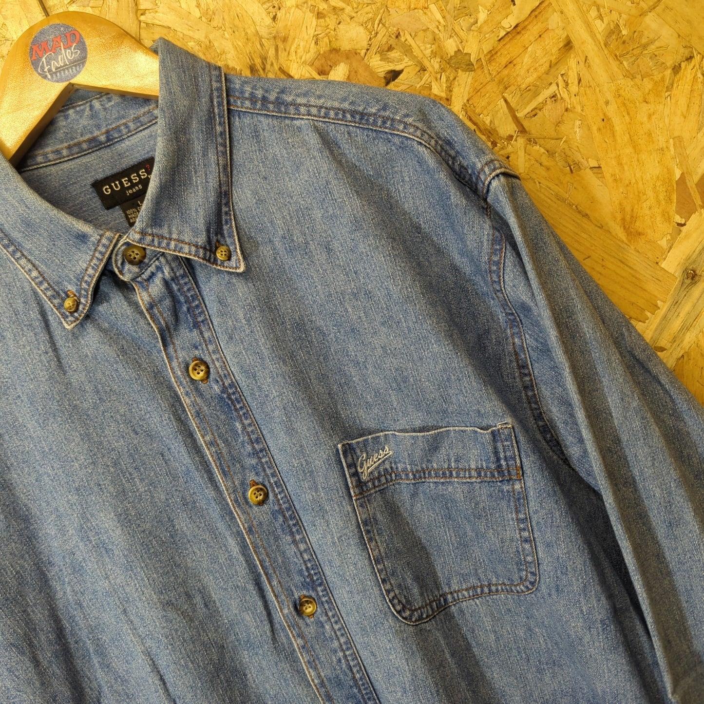 Guess Vintage 90s Denim Shirt Stonewashed Blue Wash Jean Pocket Mens Size Large