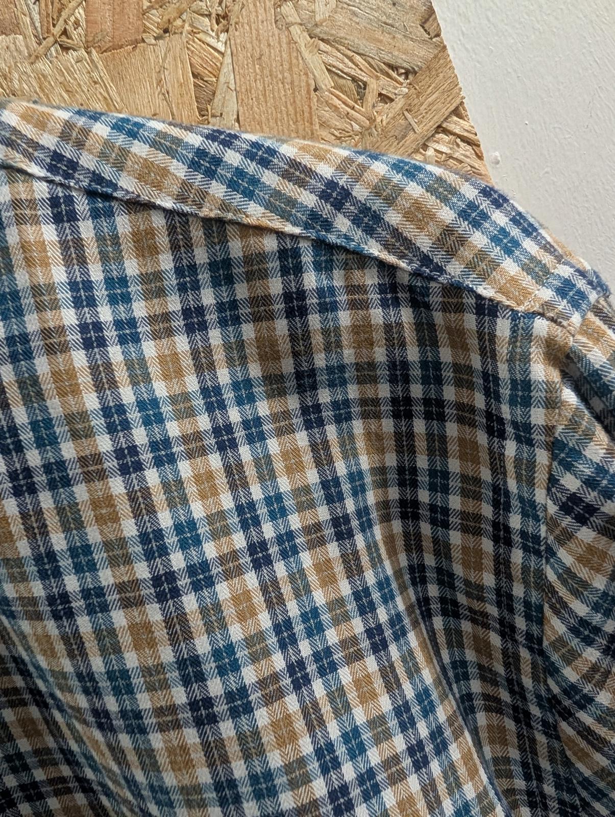 Fynch Hatton Shirt Mens Medium Long Sleeve Pocket Teal Mustard Navy White Check
