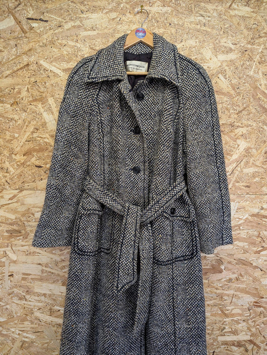 Windsmoor Wool Tweed Trench Coat Mac Long Blue White Made in England Size 14