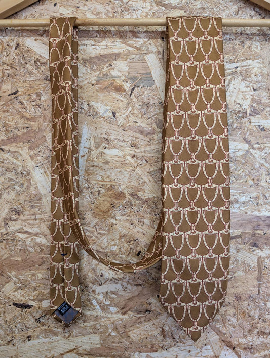 Aquascutum Silk Tie 61" 155cm Made In England Gold Brown Beige Red Chain Pattern