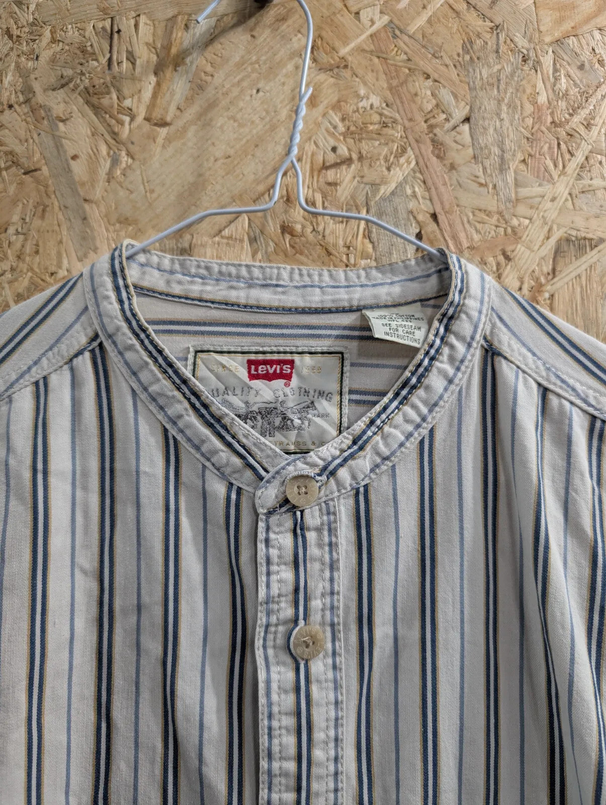 Levis Shirt Mens Large Henley Grandad Collar White Cotton Striped Long Sleeve