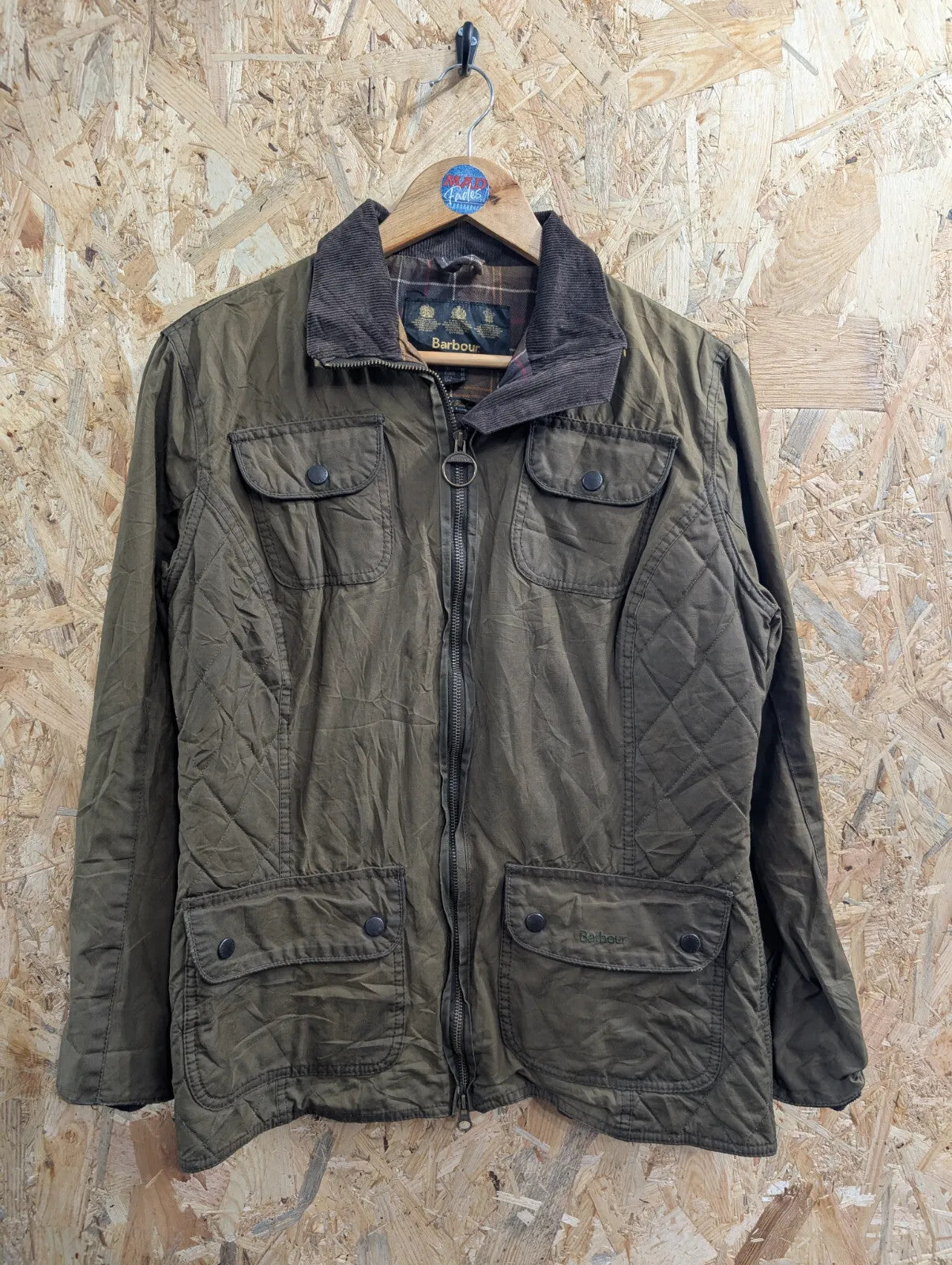 Barbour Waxed Jacket Womens UK14 Olive Green Waxed Cotton Tartan Utility Padded
