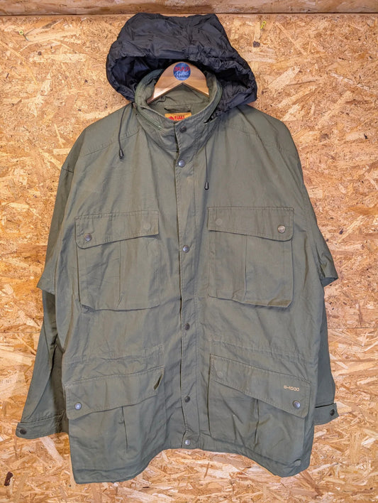 Fjallraven G1000 Field Jacket Mens XL Khaki Green Stowaway Hood Hiking Walking