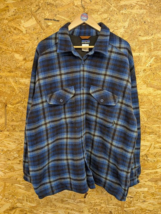 Patagonia Fjord Flannel Shirt Wool Fleece XXL Men Blue Plaid Check Lined Heavy
