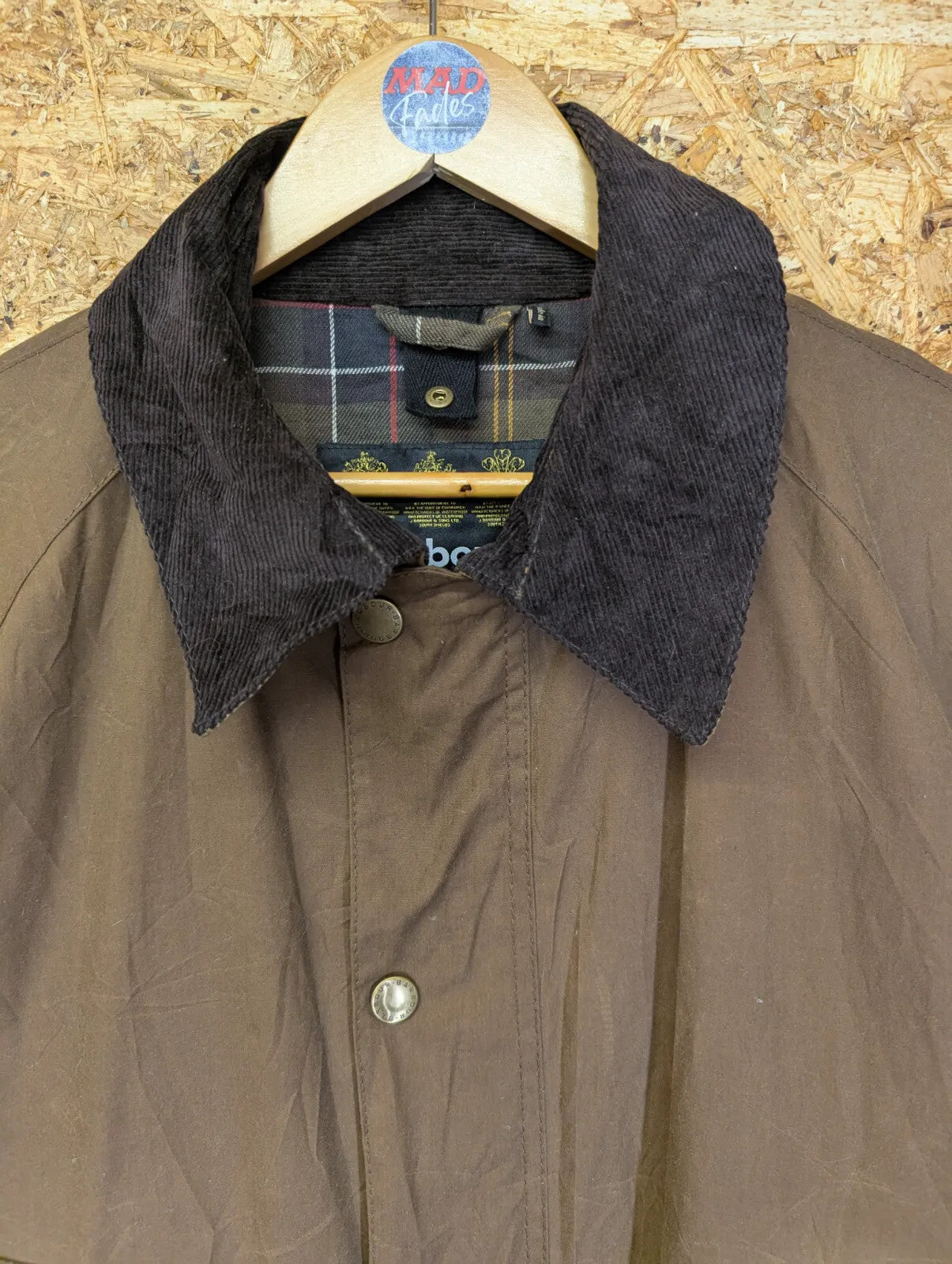 Barbour Ashby Wax Jacket XL Bark Khaki Rustic Brown England Tartan Cord Collar