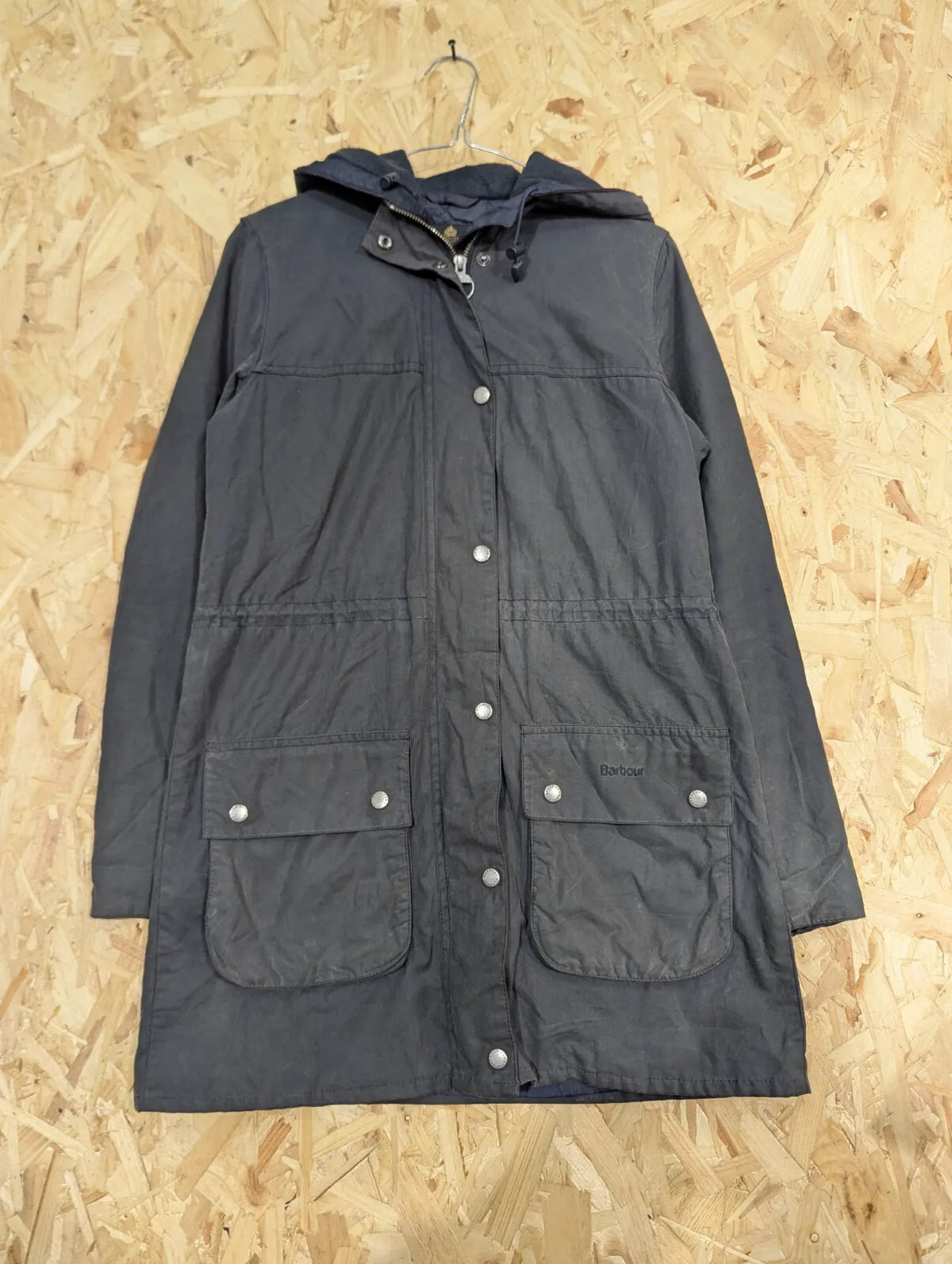 Barbour Winter Durham Parka Womens UK8 Navy Waxed Cotton Hooded Insulated