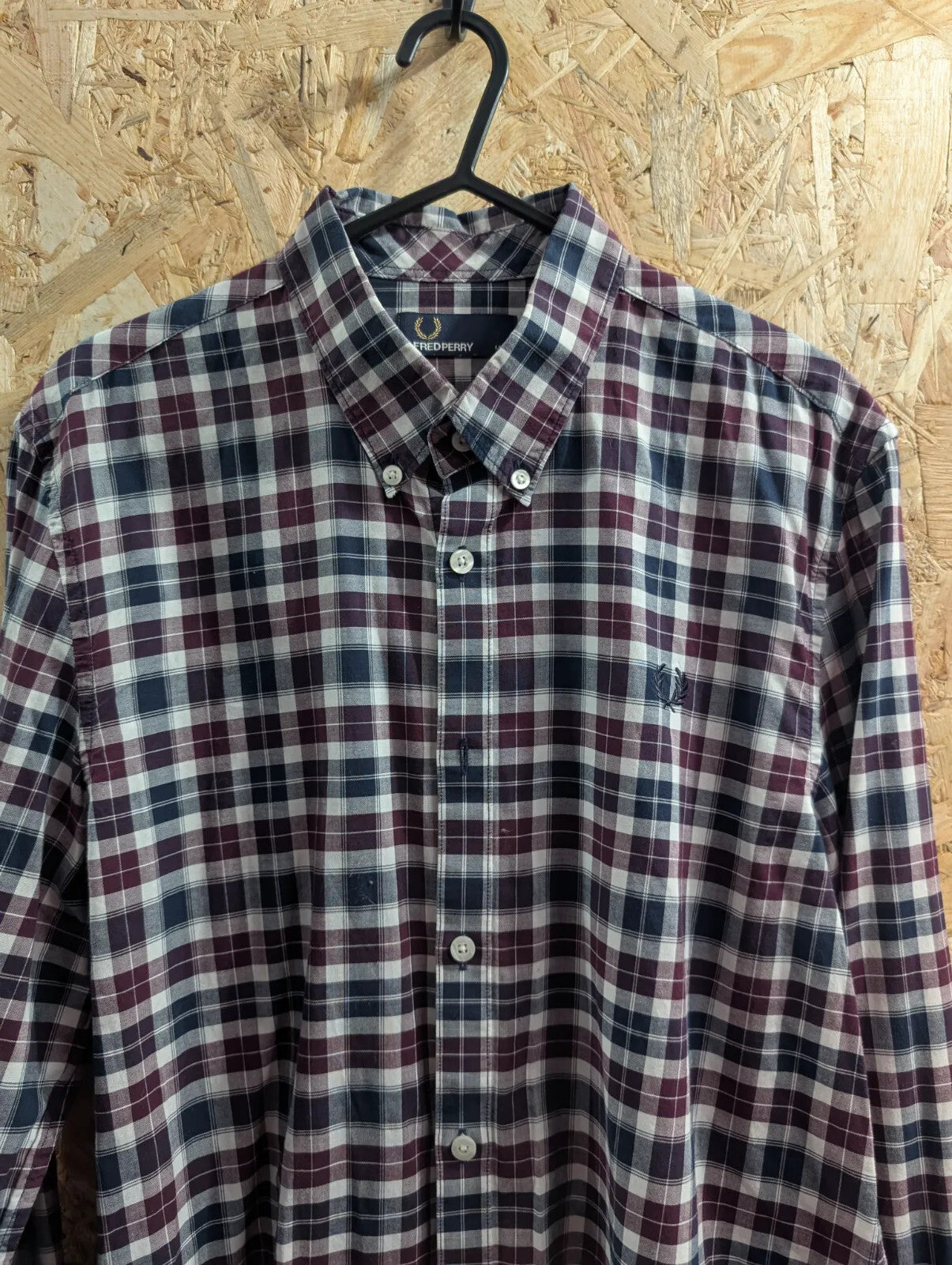 Fred Perry Shirt Men Medium Navy Burgundy White Check L/S Button Down Collar
