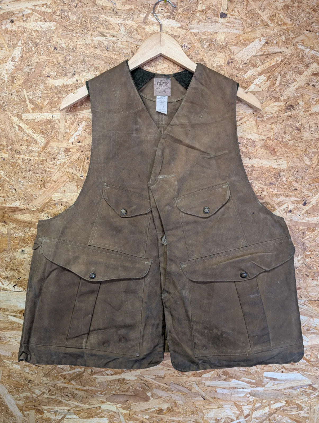 Filson Tin Cloth Hunting Vest Mens Large Style 32 Gilet Brown Wax Tin Cloth Tan