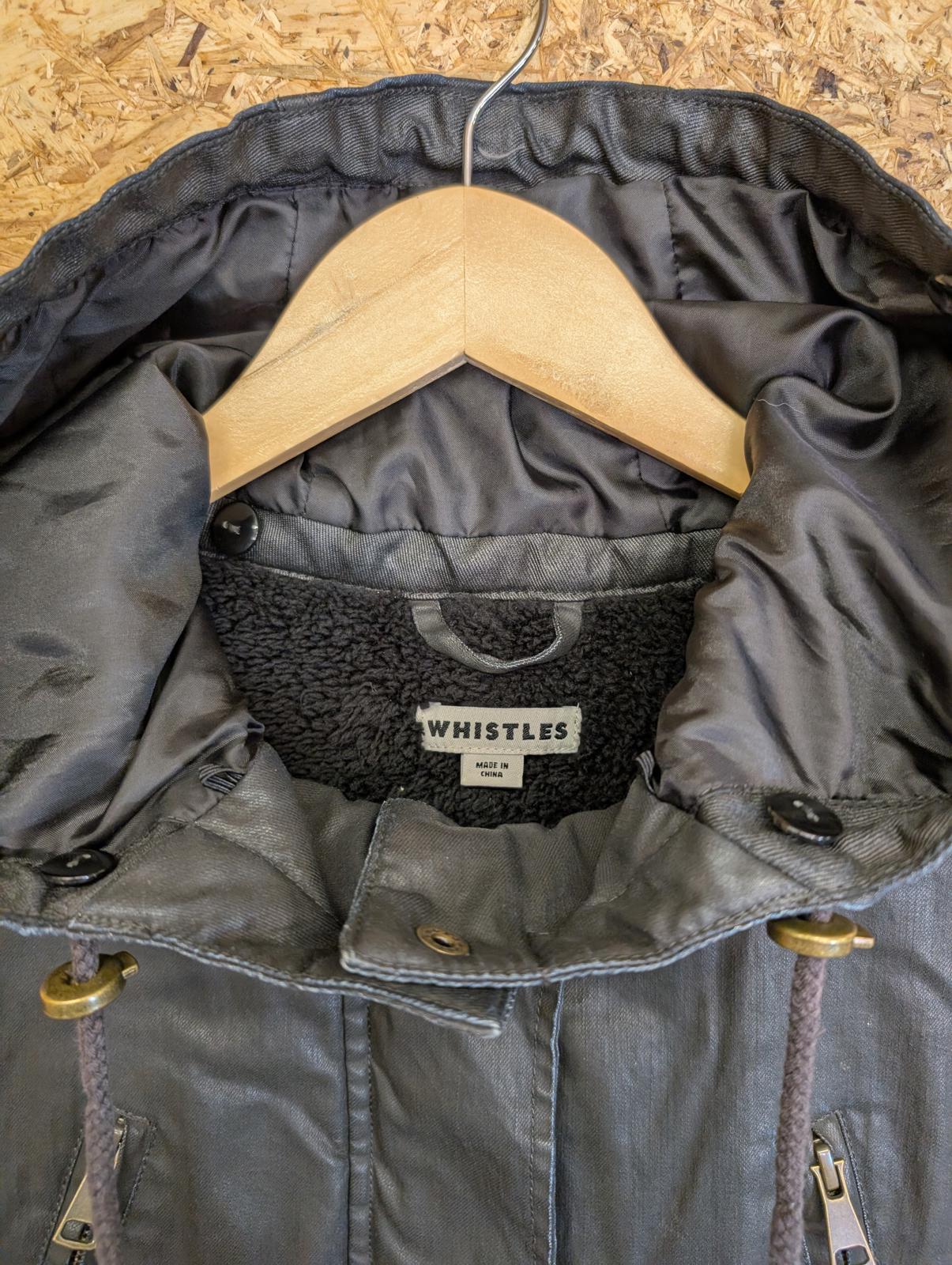 Whistles Waxed Parka Size Large Jacket Black Fleece Lined Cotton Coat
