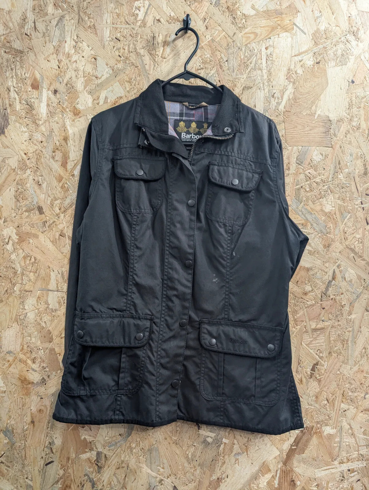 Barbour Utility Jacket Womens UK16 Black Waxed Cotton Plaid Waterproof Pockets
