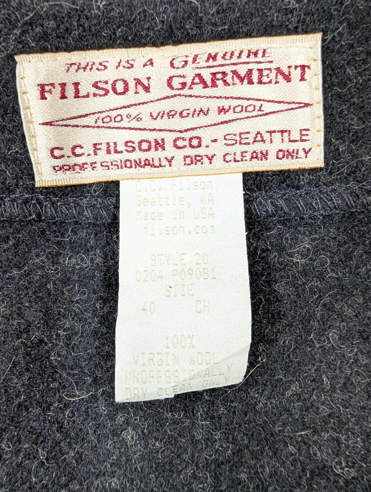 Filson Mackinaw Wool Vest Mens Medium 40 Charcoal Grey Black USA Button Gilet