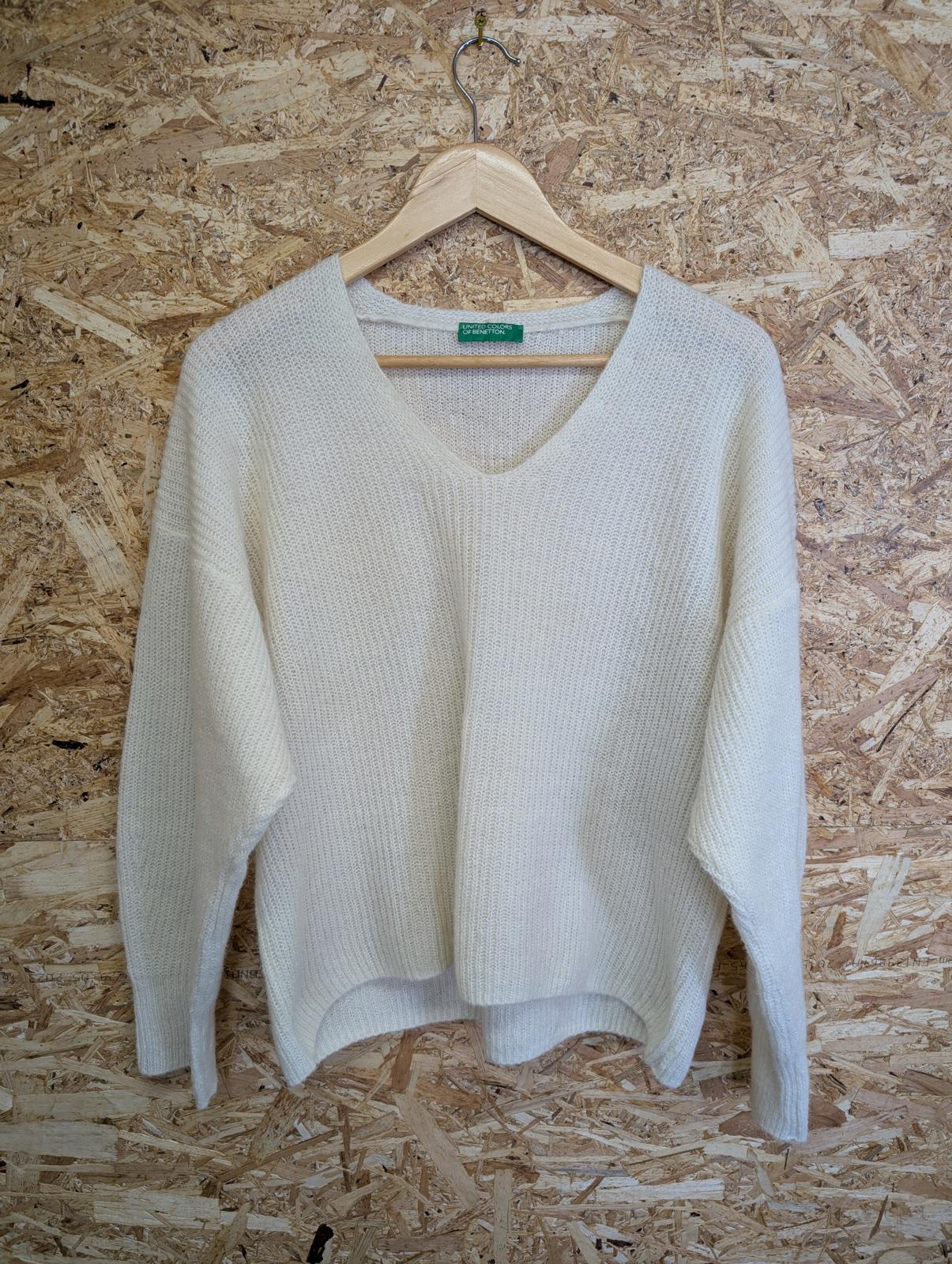 United Colours of Benetton XS-S V-Neck Jumper Soft Knit Oversize Sweater White