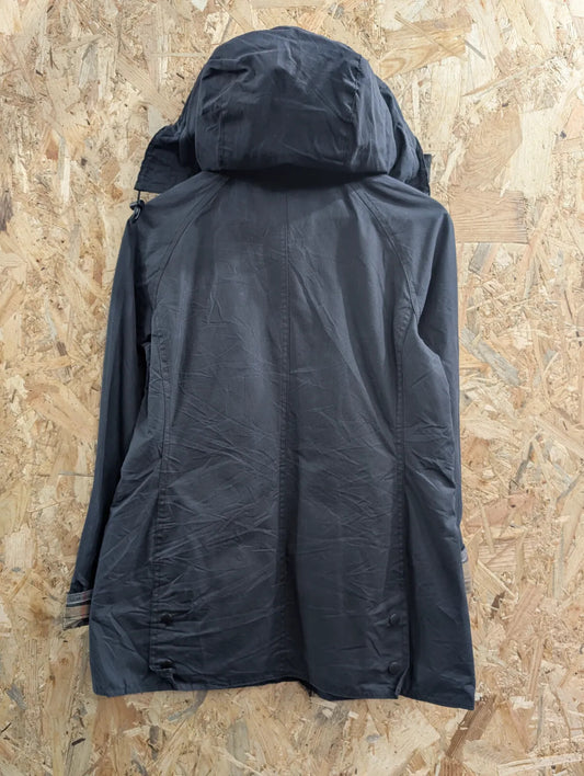 Barbour Beadnell Wax Jacket Womens UK10 Navy Blue Cotton Tartan Hooded Full Zip