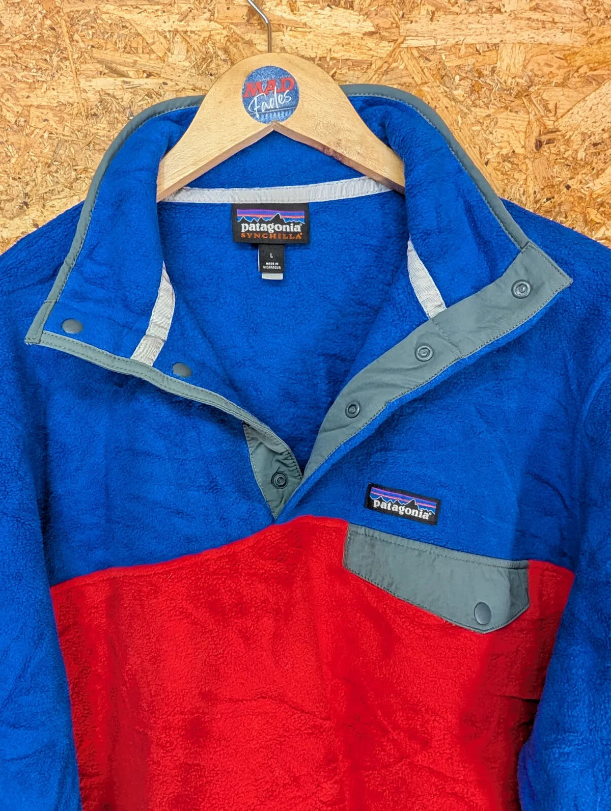 Patagonia Synchilla Fleece Mens Large Blue Red Snap-T Pullover Hiking Walking