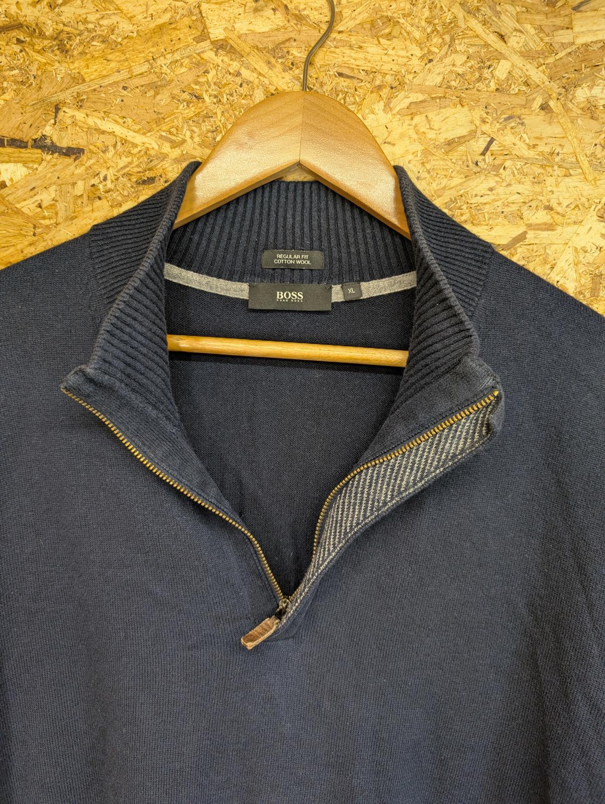 Hugo Boss Navy Blue Mens XL Sweater Cotton Wool Collared 1/4 Zip