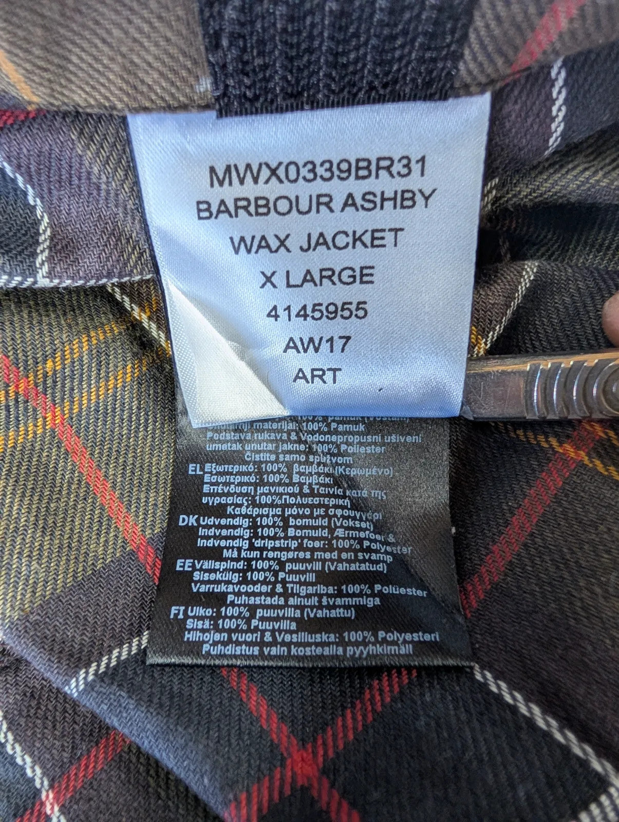 Barbour Ashby Wax Jacket XL Bark Khaki Rustic Brown England Tartan Cord Collar