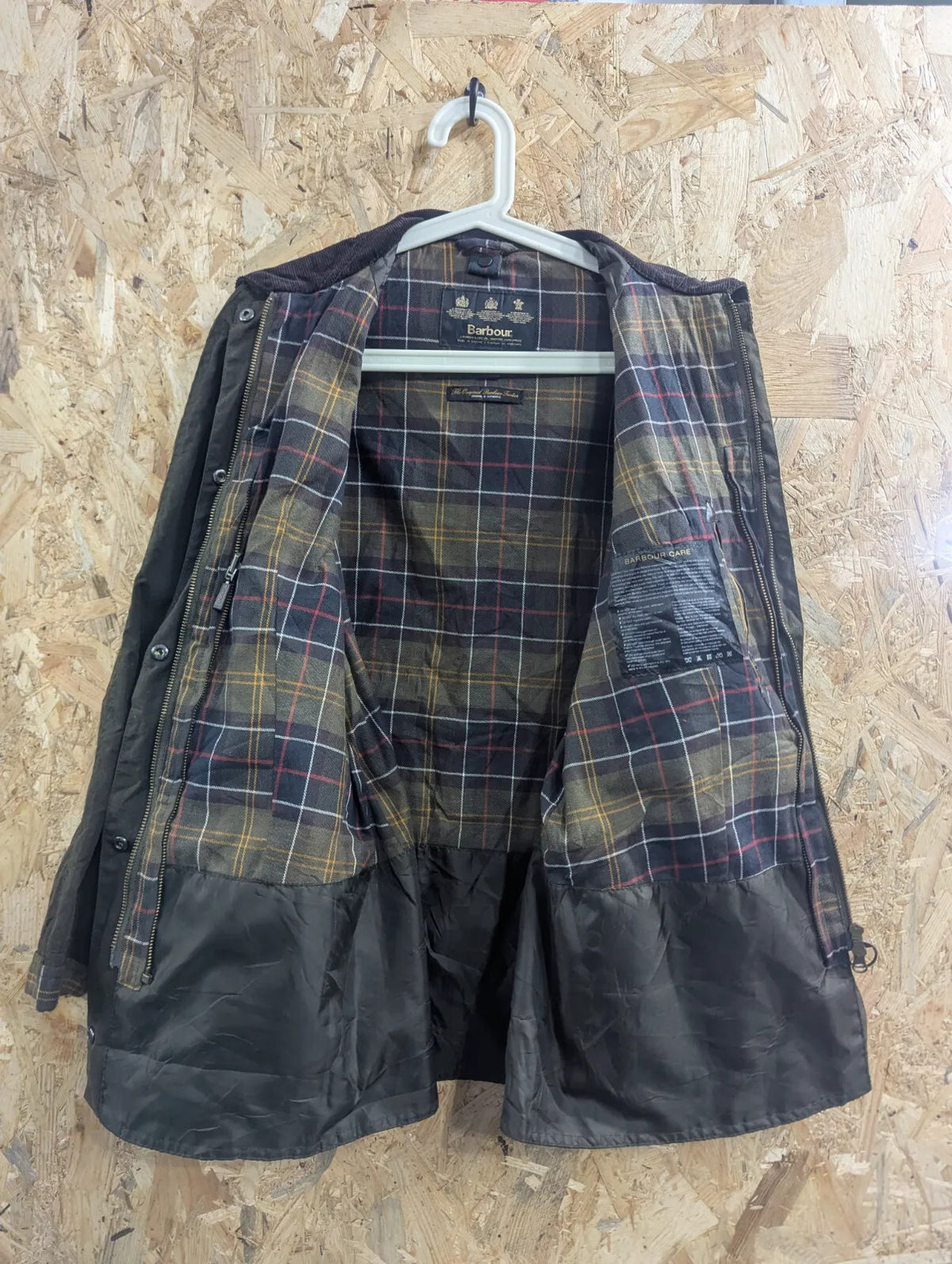 Barbour Beadnell Wax Jacket Womens UK12 Green Cotton Tartan Lined Cord Collar