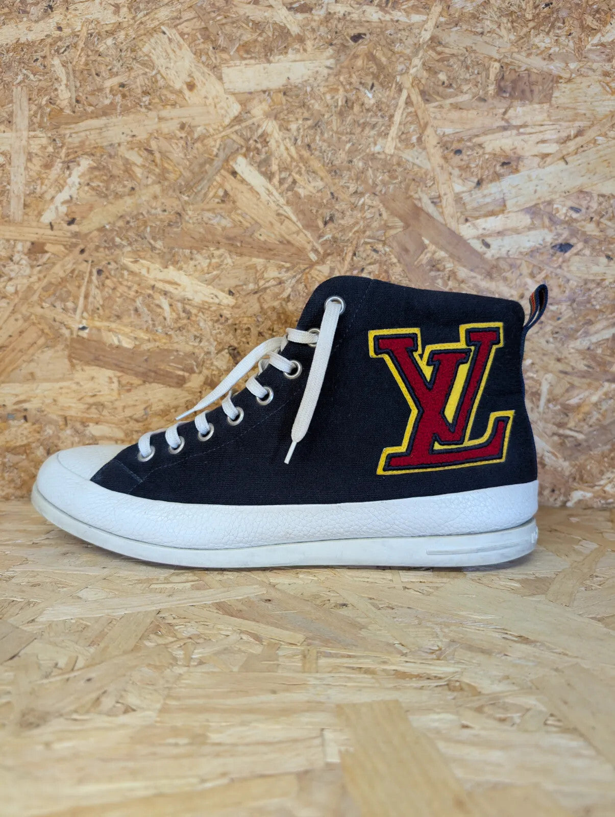 Louis Vuitton Leather High Top Sneakers UK 9.5 Navy Blue Canvas LV Logo mi Italy