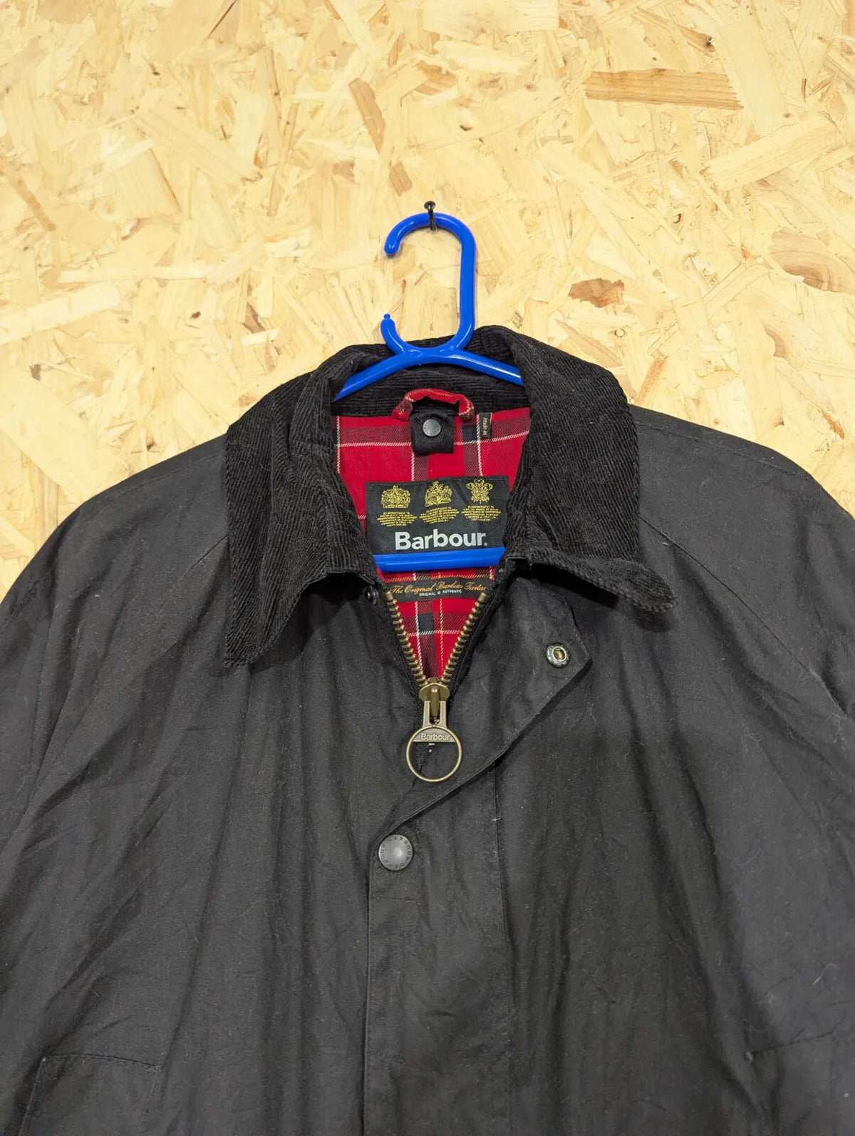 Barbour Ashby Wax Jacket Mens XL Black Cotton Red Check Liner Corduroy Collar