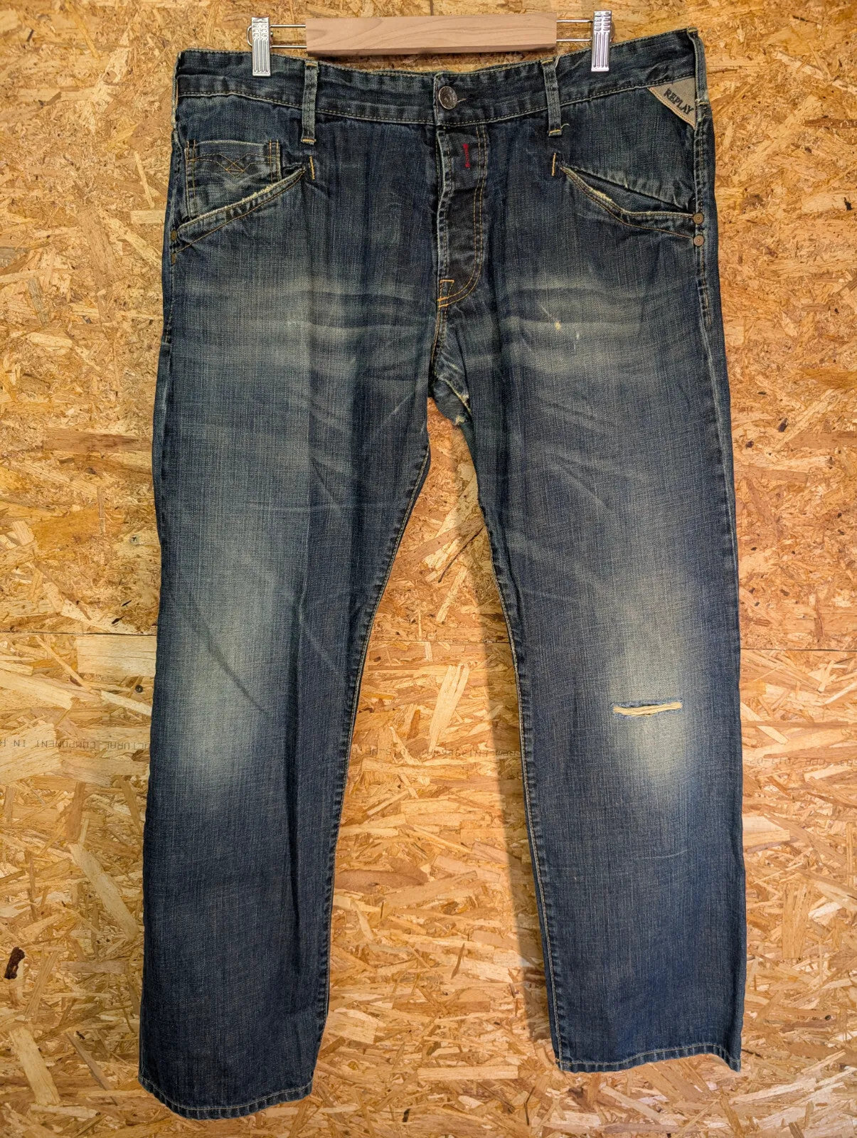 Replay Jeans Mens W38 L34 Dark Blue Wash Denim Distress Cinch Buckle Back Y2K