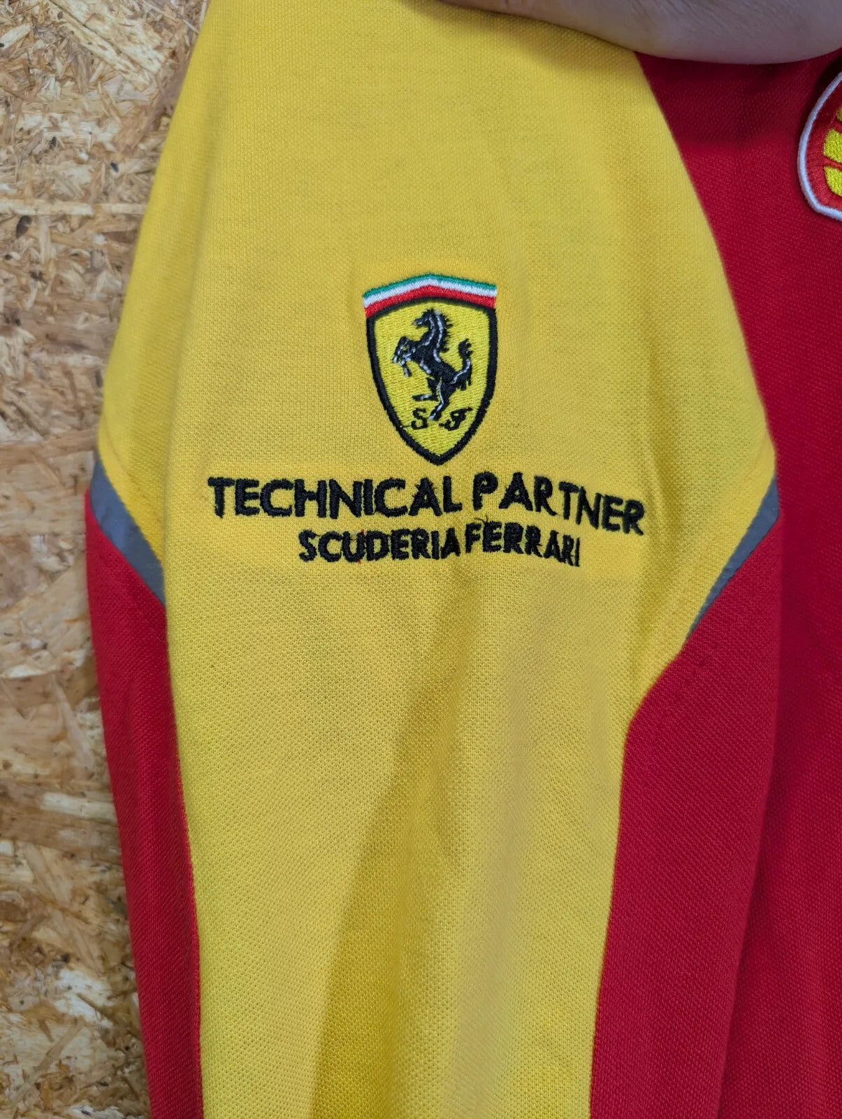 Ferrari Shell Long Sleeve Polo Shirt Mens Medium Red Yellow Cotton Reflective