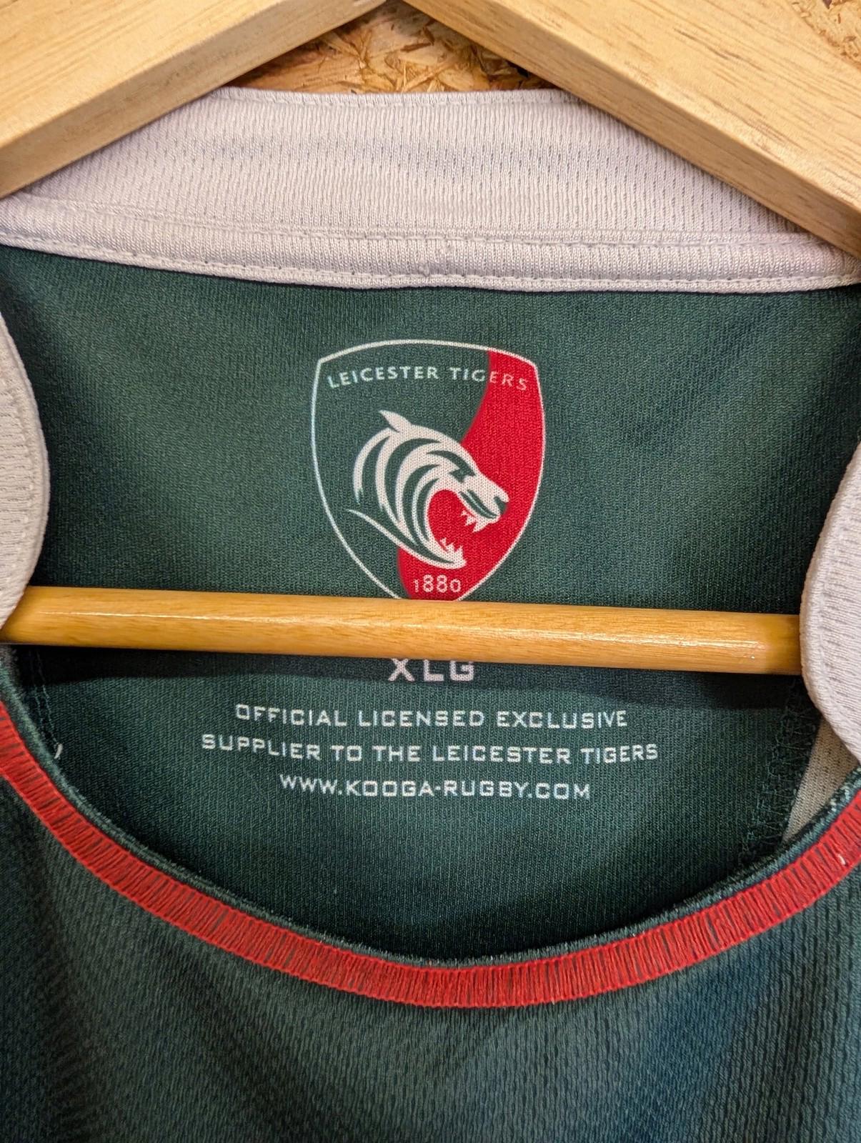 Leicester Tigers Mens XL 2015 Rugby Shirt Kooga Striped Sport Green Red White