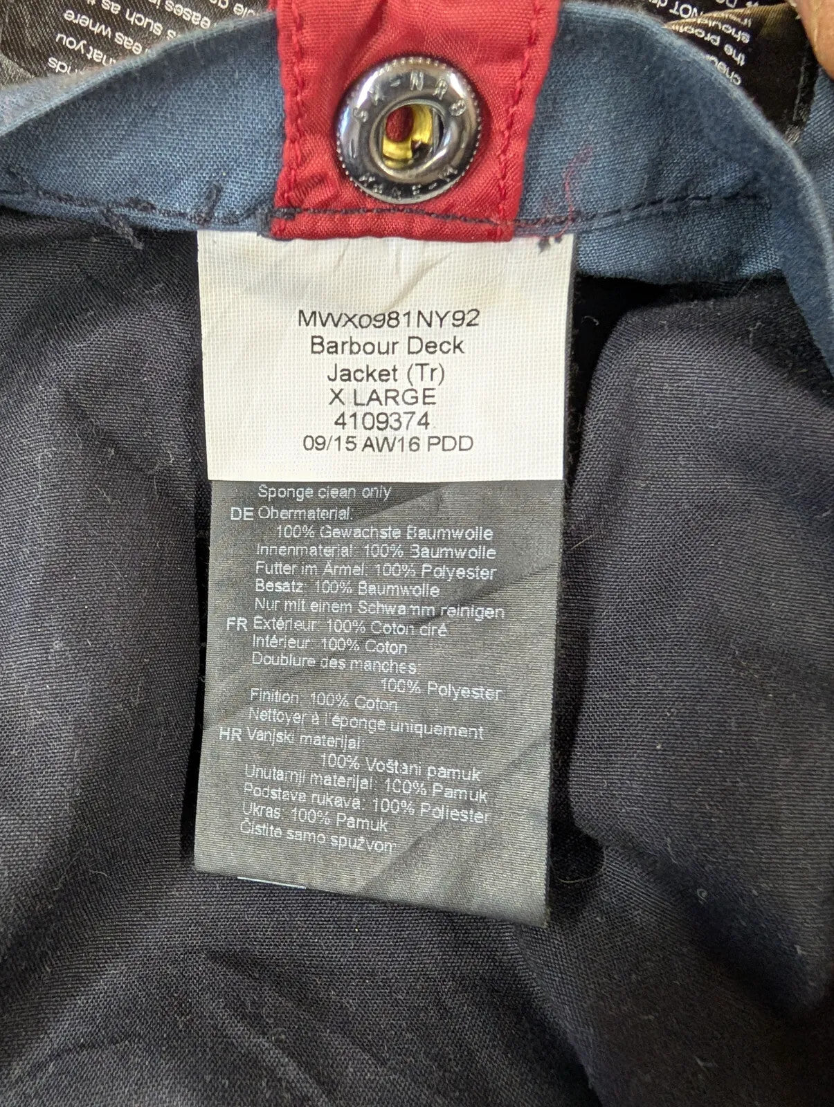 Barbour Deck Wax Jacket Mens XL Navy Blue Cotton Cord Collar Chin Strap South