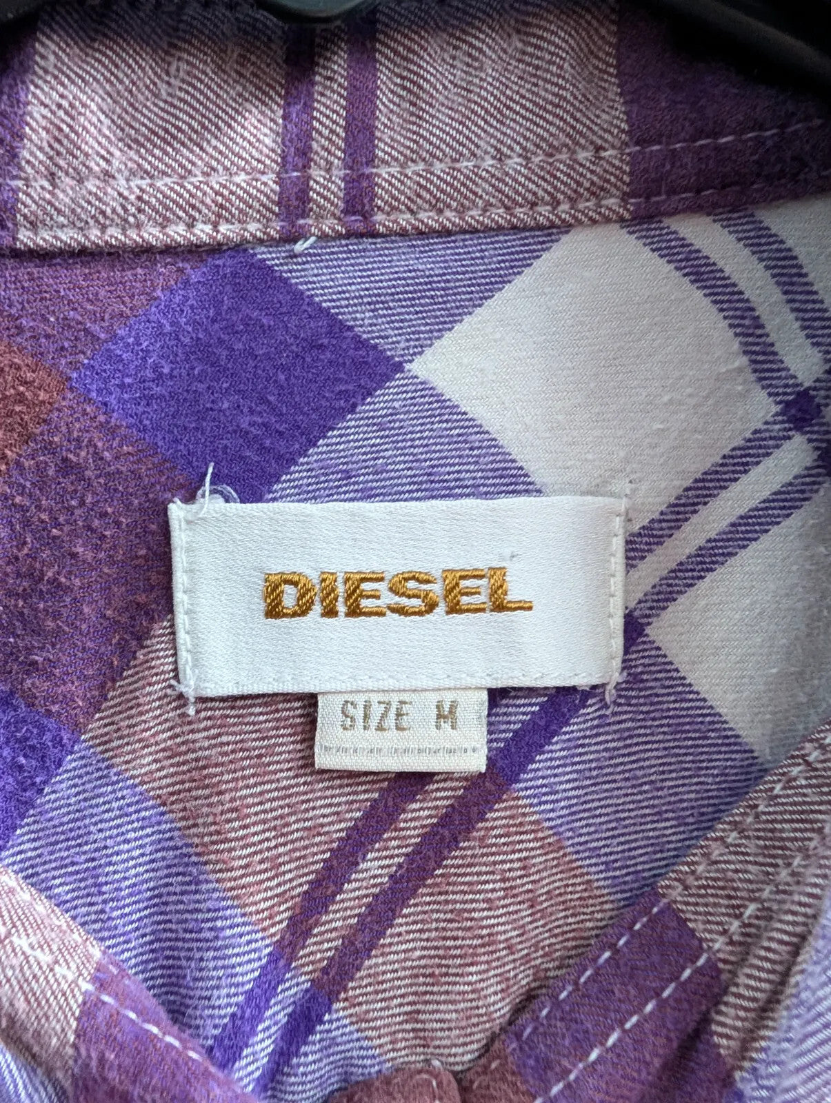 Diesel Shirt Mens Medium Purple Cream Plaid Flannel Long Sleeve Cotton Check