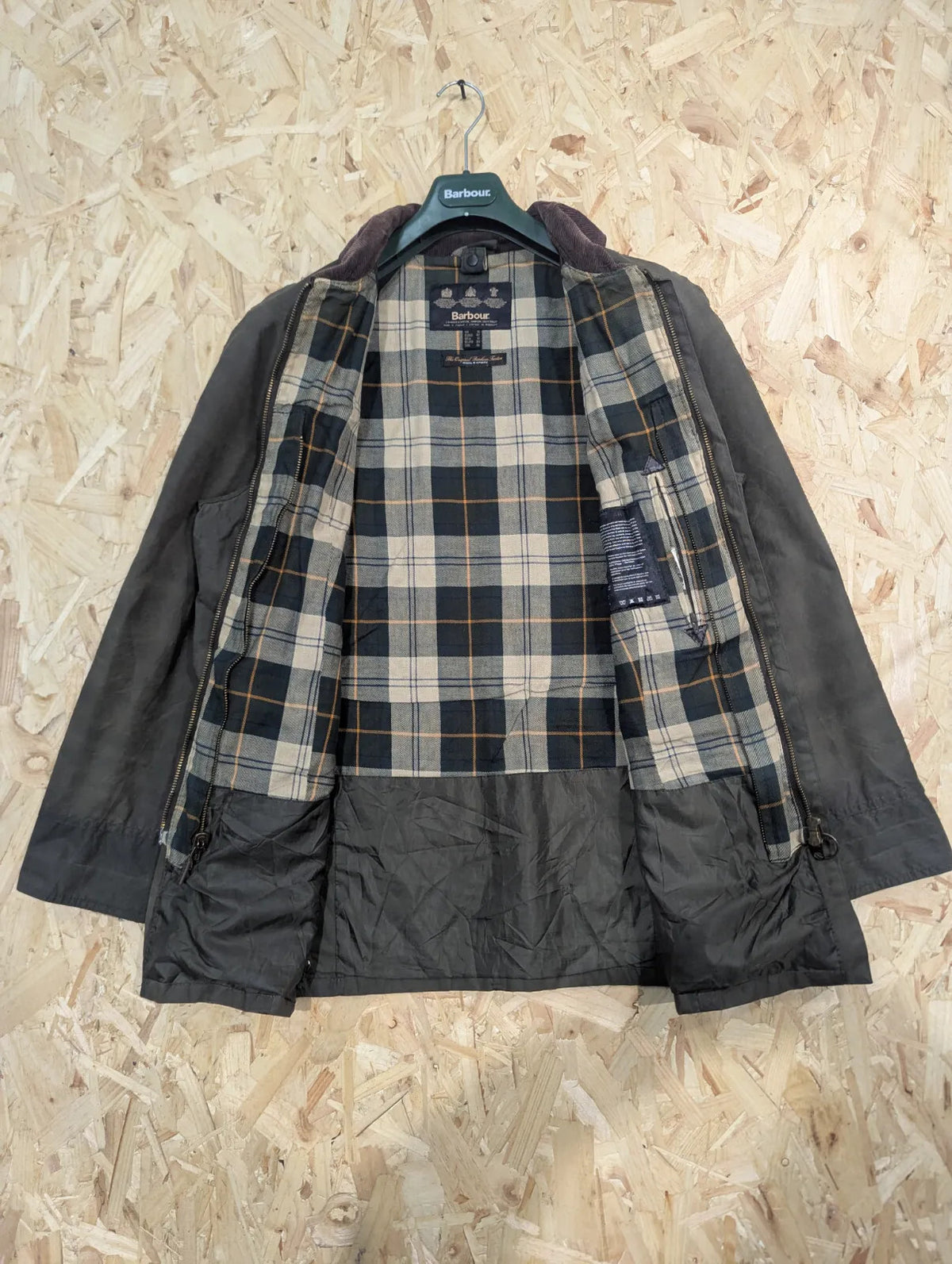 Barbour Beadnell Wax Jacket Womens UK16 Green Cotton Tartan Lining Cord Collar