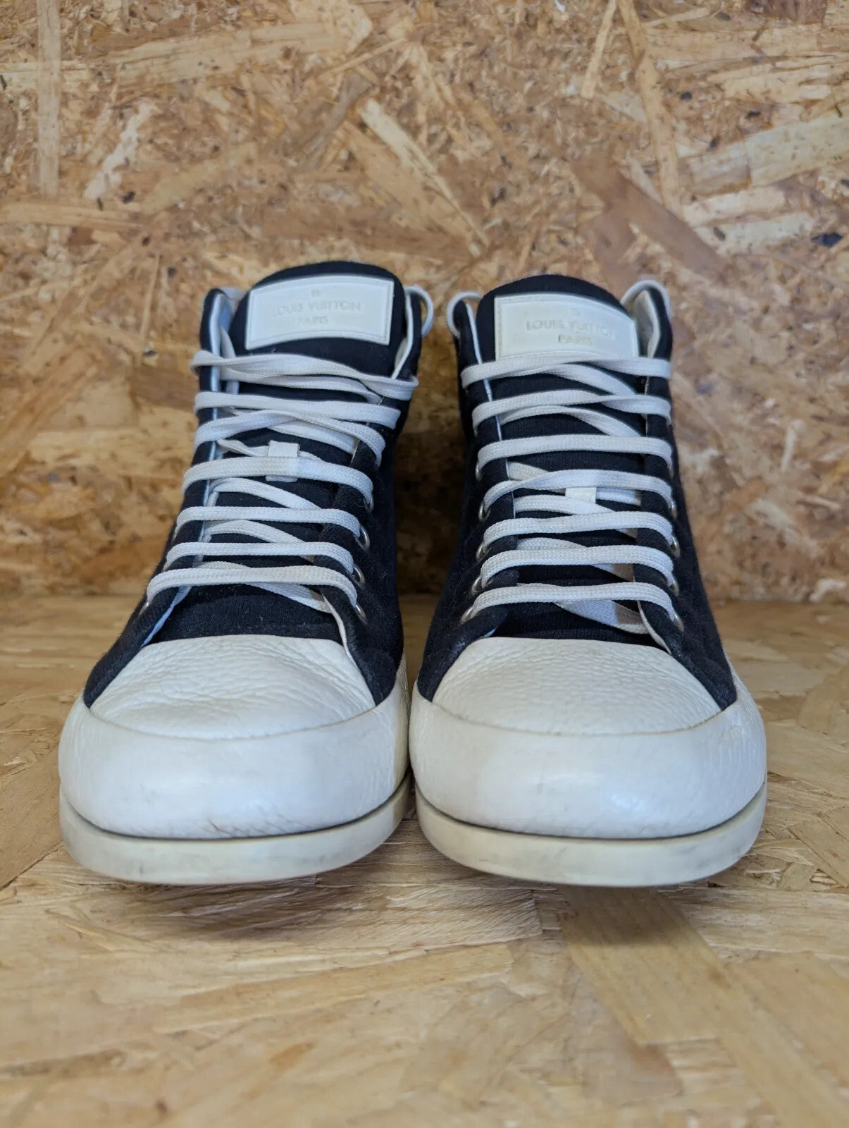 Louis Vuitton Leather High Top Sneakers UK 9.5 Navy Blue Canvas LV Logo mi Italy