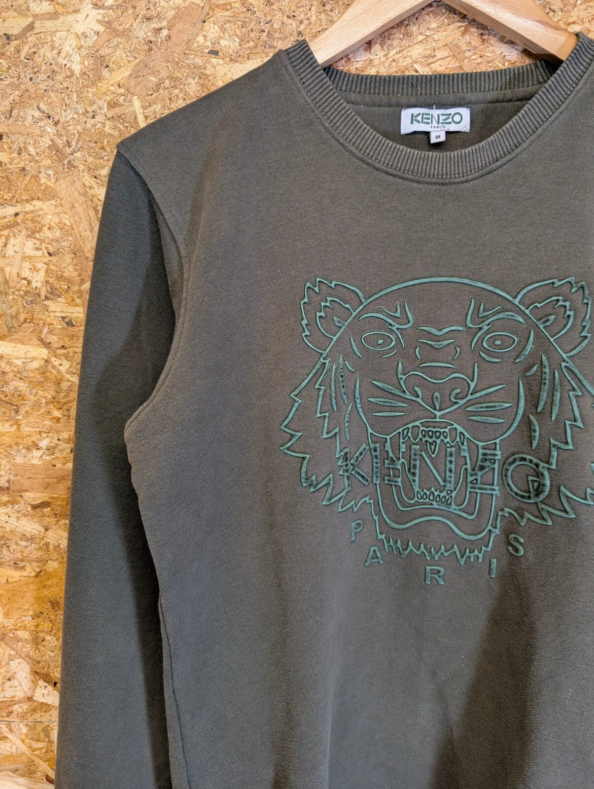 Kenzo Crew Neck Sweatshirt Mens Medium Olive Green Raised Tiger Graphic Logo