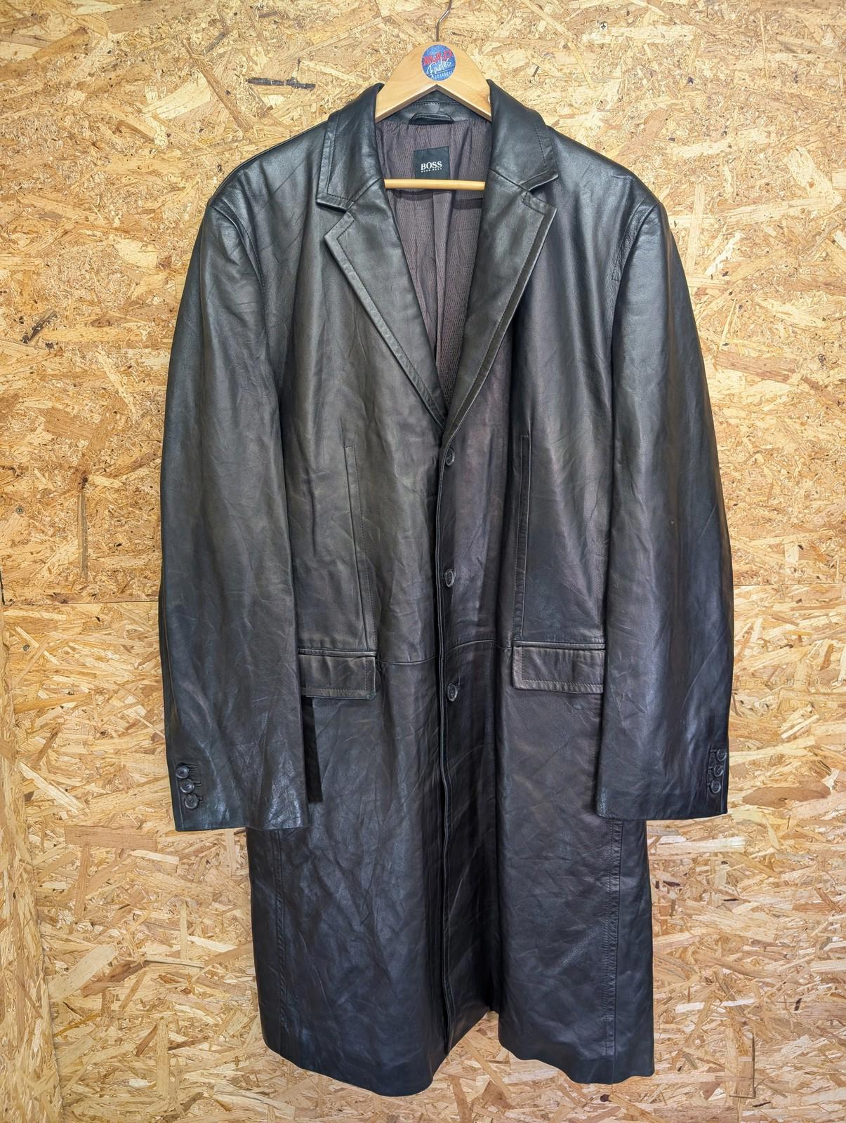 Boss Italian Leather Overcoat XL Men Black Long-Line Lamb Vintage 90s