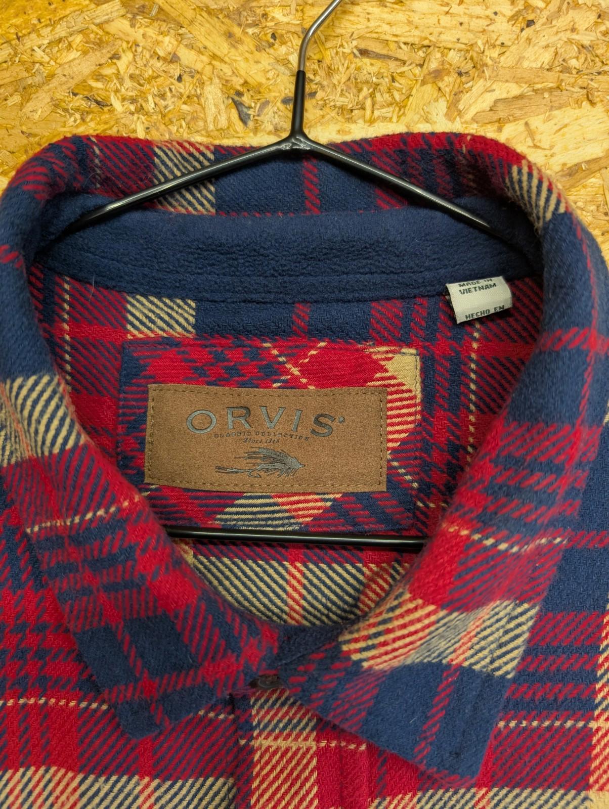 Orvis Flannel Over-Shirt XL Plaid Check Shacket USA Red Blue Beige Hand Pockets